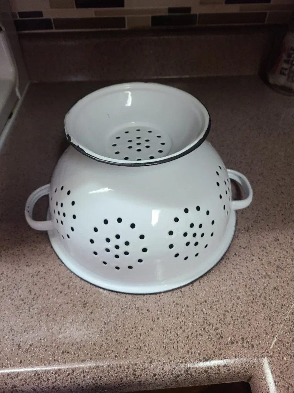 VTG Enamel Colander Strainer Graniteware Black & White with Handles